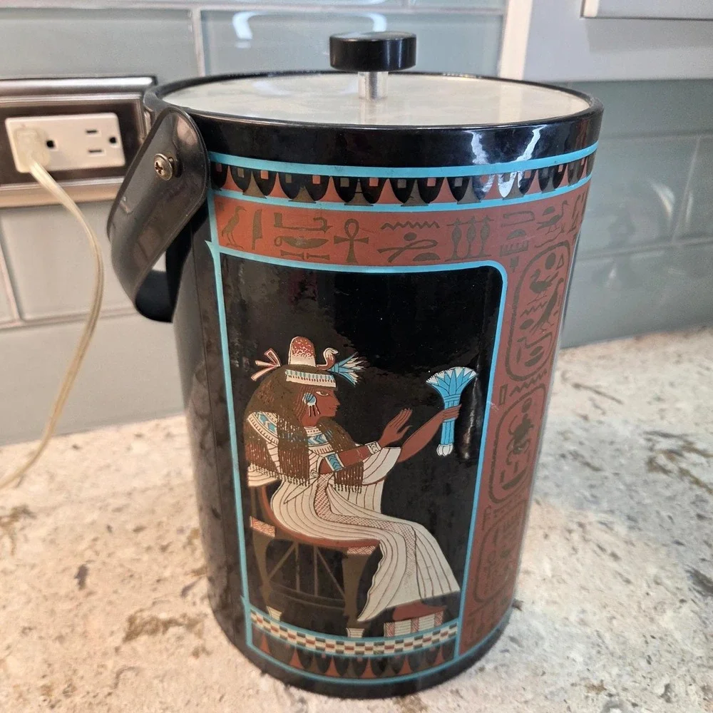 Vintage Georges Briard Egyptian Revival Ice Bucket Blk Hieroglyphics MCM Barware
